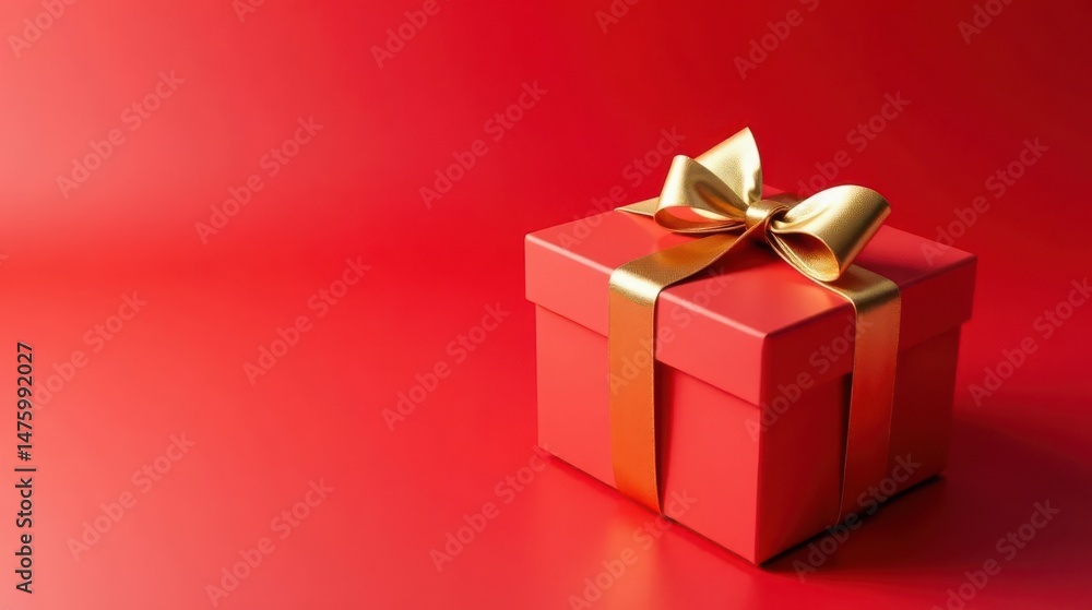 Fototapeta premium A scarlet gift box with a gold ribbon, elegantly presented against a matching backdrop, symbolizes celebration and gifting
