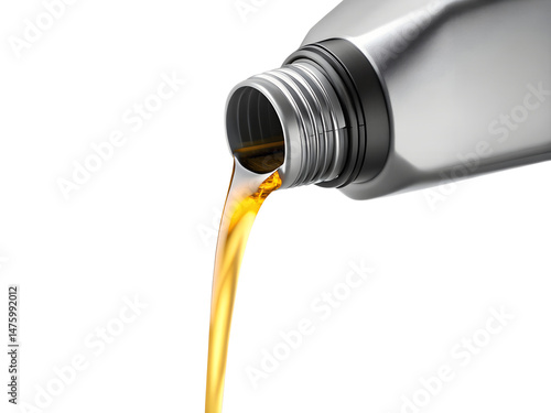 Engine oil pouring from a metal container isolated on transparent background