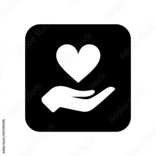 White Heart in Open Hand on Black Square Background