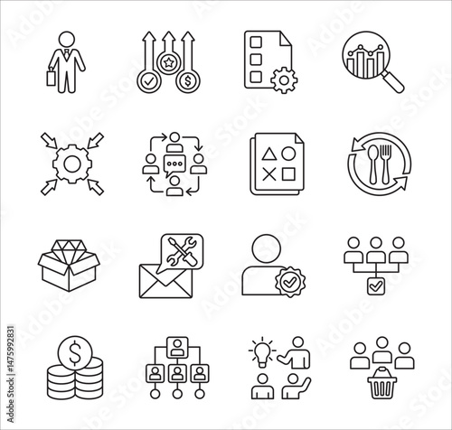 Business company Icon set. Management icon set. Contains symbol of success, data, reward, work, money, employee, businessman, target, finance, lunchtime, shop, meeting, education. Vector illustration
