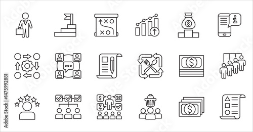 Business company and Management icon set. Contains symbol of success, data, reward, work, money, employee, businessman, target, finance, lunchtime, task, shop, meeting, education. Vector illustration