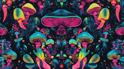 A striking abstract pattern of psychedelic neon mushrooms with bright colors like pink, blue, and green, set against a solid black background.