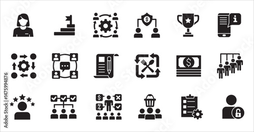 Business company, management flat icon set. Contains symbol of businessman, target, finance, lunchtime, success, hierarchy, data, work, money, employee, task, shop, meeting, job. Vector illustration