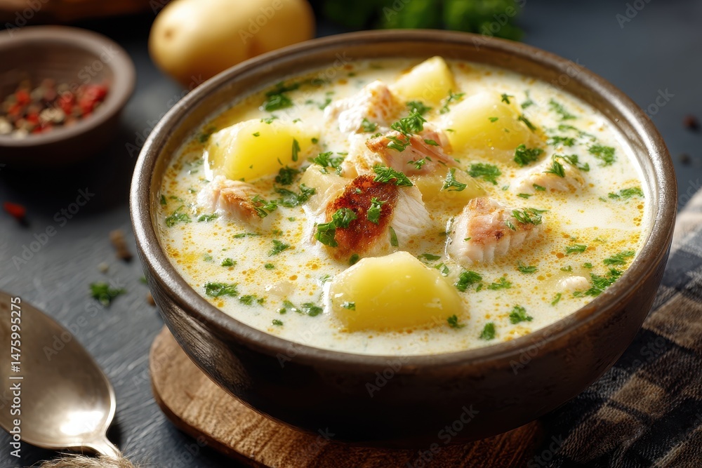 A bowl of homemade cullen skink soup featuring smoked haddock and potatoes seen from above A bowl of homemade cullen skink soup featuring smoked haddock and potatoes seen from above