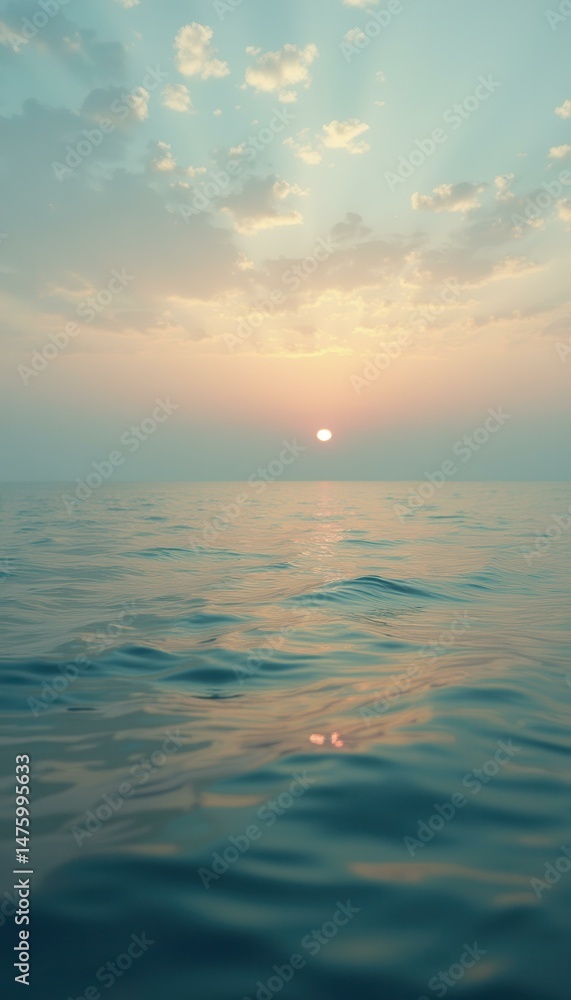 Fototapeta premium Tranquil Seascape at Sunset: Calm Ocean Waters Reflecting Golden Light Under a Pastel Sky