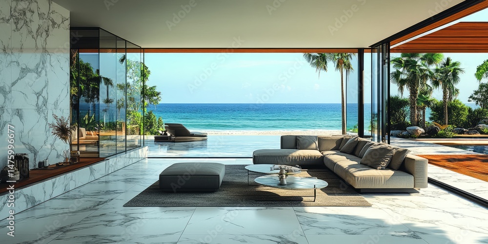 Fototapeta premium Spacious modern coastal living area with ocean views.