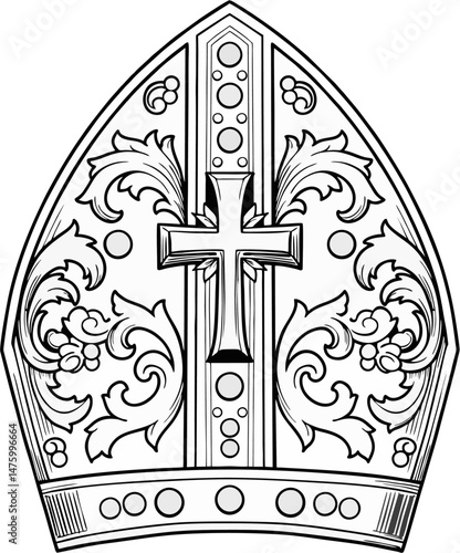Highly Detailed Black and White Vector Illustration of Ornate Papal Mitre with Central Christian Cross and Baroque Floral Elements
