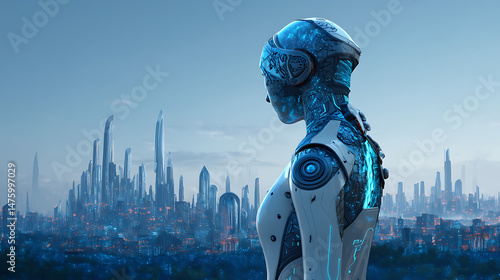 Futuristic humanoid robot overlooking a vibrant cityscape at dusk, showcasing advanced technology
