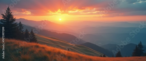 Serene Sunset over Misty Mountains with Golden Meadow in Foreground, Creating a Tranquil and Scenic Vista