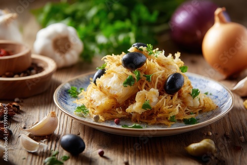 Fototapeta Naklejka Na Ścianę i Meble -  A classic Portuguese meal featuring shredded cod potato sticks scrambled eggs and black olives served on a wooden table with garlic onion and parsley