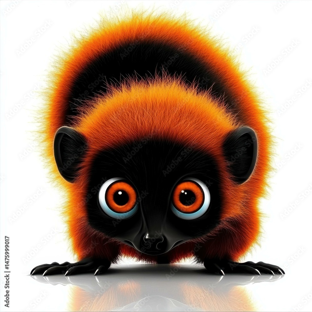 Obraz premium Red-ruffed lemur on a white background, fluffy fur, big eyes, cartoon style