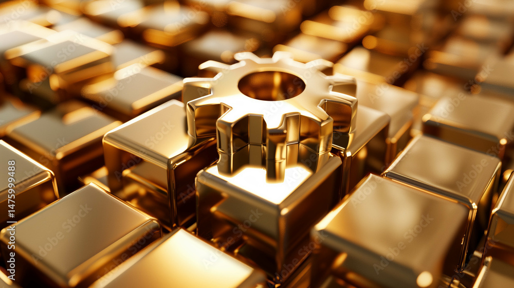 Fototapeta premium Shiny metallic gear standing out among gold reflective square blocks in abstract setting