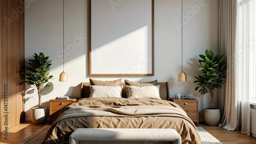 Contemporary bedroom design with natural elements and warm tones  