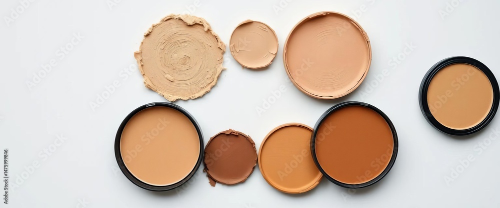 Four beige and brown circular makeup palettes, various textures, neat arrangement, empty space, studio shot, make-up Four beige and brown circular makeup palettes, various textures, neat arrangement, empty space, studio shot, make-up