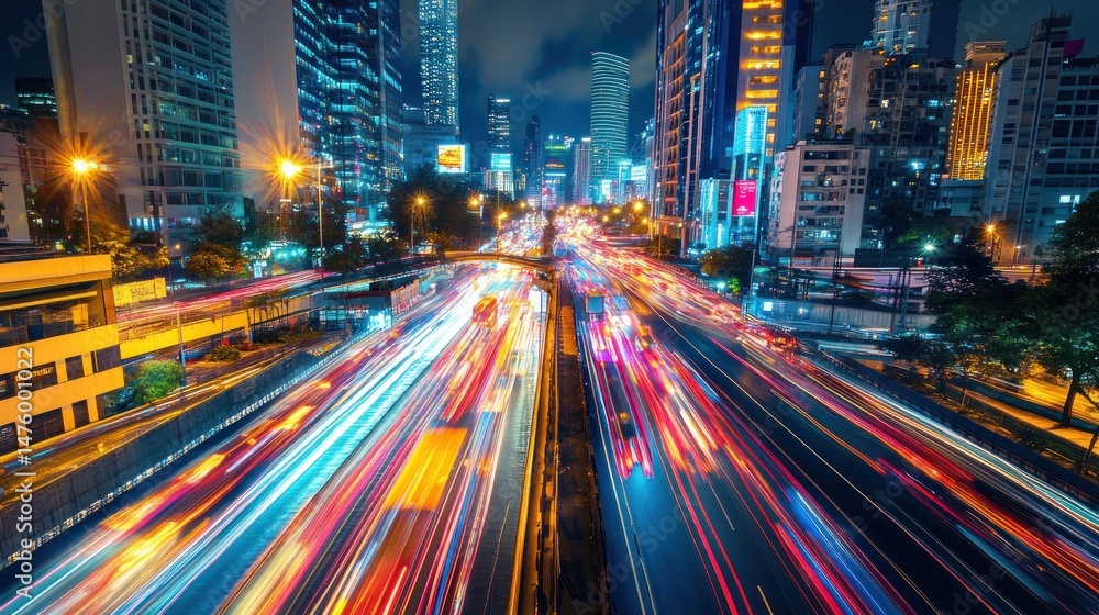 Fototapeta premium Night cityscape, vibrant traffic streaks illuminate city streets, high-rise buildings