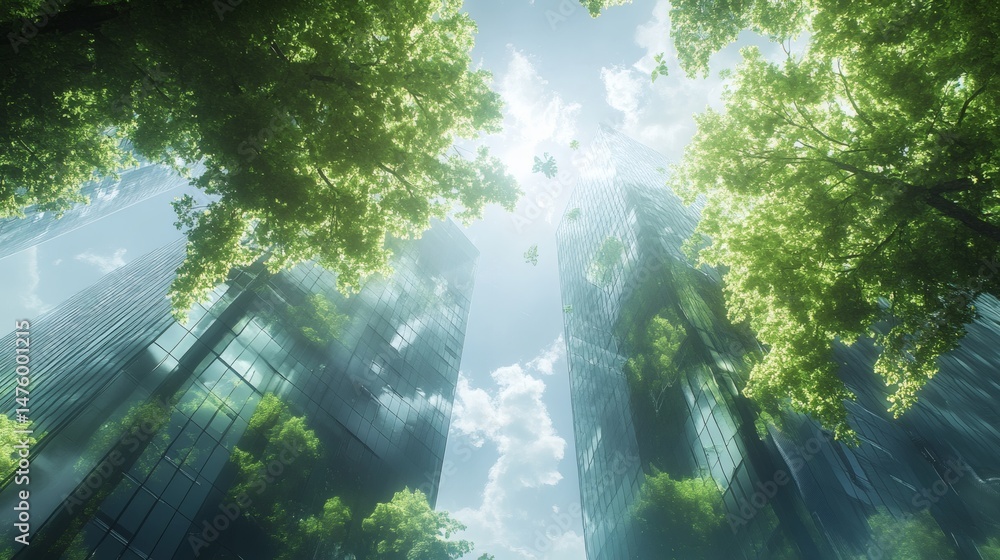 Fototapeta premium Modern office facade with tree reflections exemplifying Environmental, Social, and Governance (ESG) commitment in corporate sustainability 