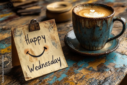 A note wishes a happy Wednesday with a coffee