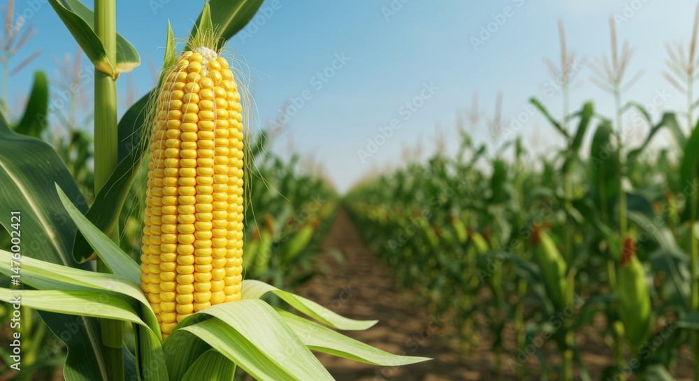 Obraz premium Golden Corn on the Cob Standing Tall in a Lush Green Cornfield Under a Clear Blue Sky
