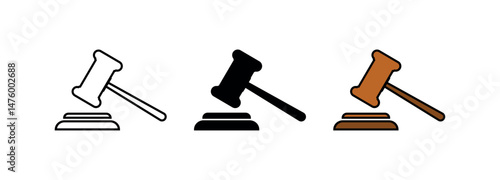 Set of Judge Gavel Icons – Outline, Solid & Colored Law Vector Symbols for Courtroom, Auction, Justice & Legal Themes