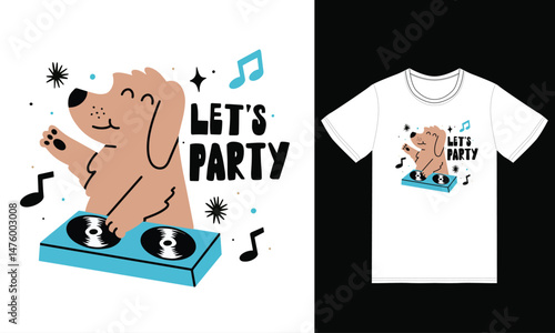 Cute dog playing dj music illustration with tshirt design premium vector