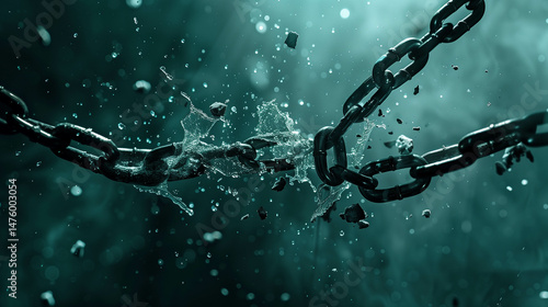 Powerful close-up of metallic chain breaking apart with dramatic motion and debris explosion