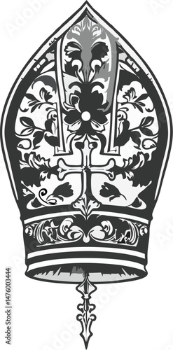 Intricate Black and White Vector Illustration of Papal Mitre with Baroque Floral Patterns and Ornamental Cross Design