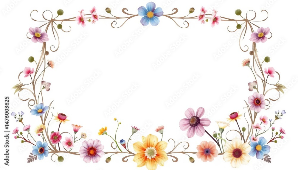 custom made wallpaper toronto digitalIntricate rectangle frame, delicate pastel watercolour wildflowers border for note cards, spring, delicate