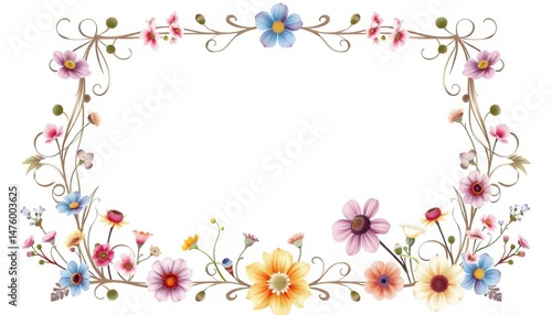 Intricate rectangle frame, delicate pastel watercolour wildflowers border for note cards, spring, delicate
