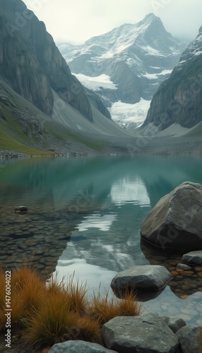 Serene Alpine Lake Surrounded by Towering Peaks and Glaciers Reflecting in Calm Waters