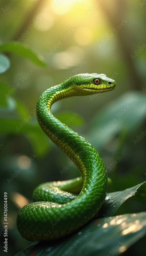 Obraz premium Emerald Serpent: A Vivid Green Snake Amidst Lush Foliage in a Sun-Kissed Jungle Setting