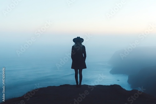 Woman stands at the edge of a cliff overlooking a hazy ocean at dawn