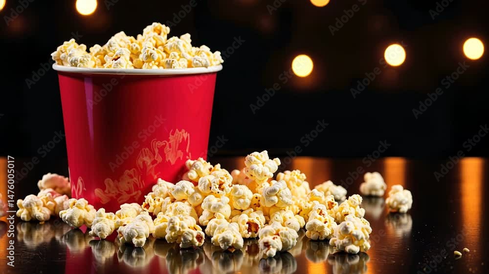 Popcorn overflowing from a red bucket against a festive background Popcorn overflowing from a red bucket against a festive background
