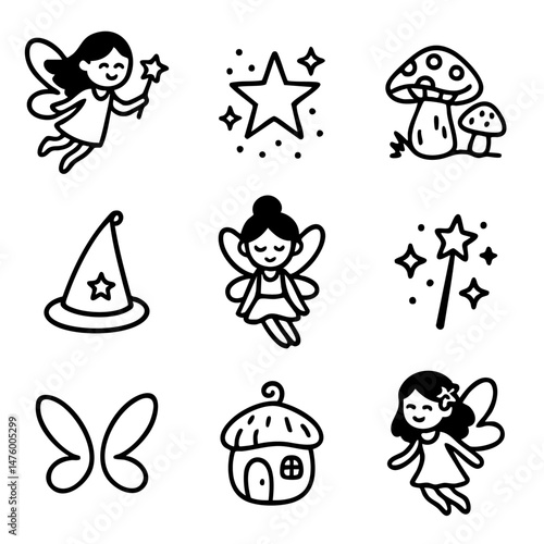 A set of doodle line icons featuring fairies, stars, wings, mushrooms, magic wands, and fantasy elements in whimsical style