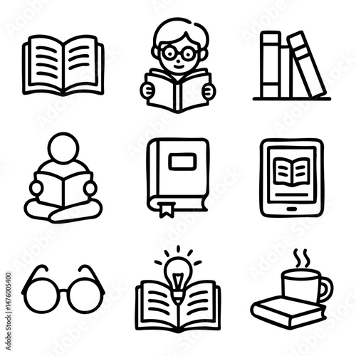 A set of doodle line icons featuring books, readers, ebooks, glasses, ideas, and cozy reading symbols like coffee and light bulbs