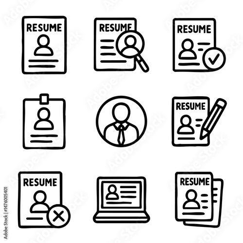 A set of doodle line icons related to resumes, recruitment, profile review, candidate selection, and job application processes