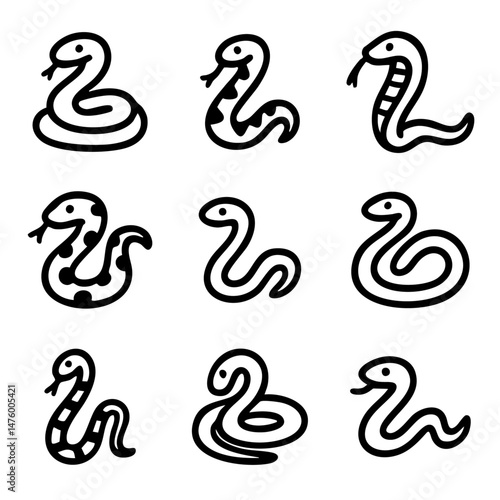 A set of doodle line icons showing various snake designs, including coiled, patterned, and cobra styles for nature or wildlife themes