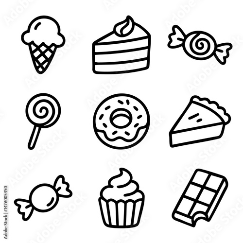 A set of doodle line icons featuring desserts and sweets like ice cream, cake, candy, donut, pie, cupcake, and chocolate bar