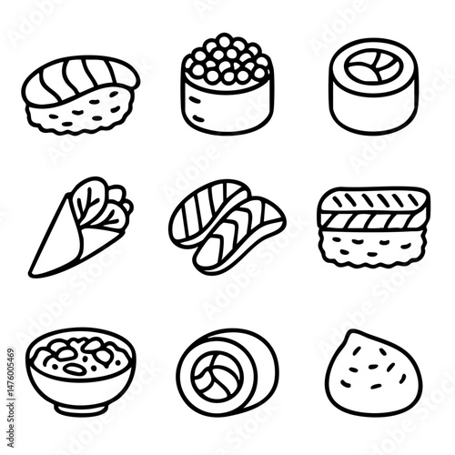 A set of doodle line icons featuring sushi, sashimi, rice bowls, hand rolls, and traditional Japanese dishes in a cute style