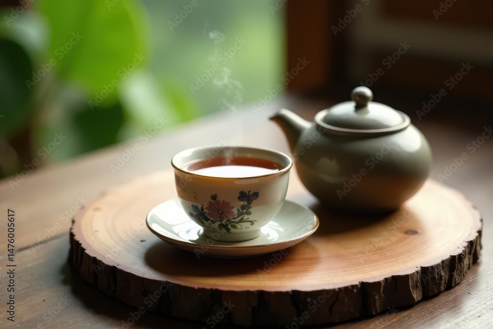 Fototapeta premium Aromatic Tea Ceremony Steam Rising from a Delicate Floral Teacup on a Rustic Wooden Tray with a Grey Teapot
