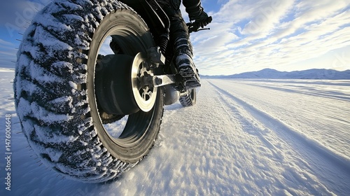 A tire of a motorbike rolling over a snow-covered road, the scenery stark and white as the rider treks through the frozen landscape.