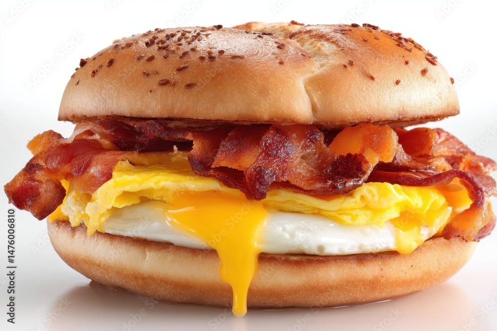 A sizeable bacon and cheese breakfast sandwich on a white surface A sizeable bacon and cheese breakfast sandwich on a white surface