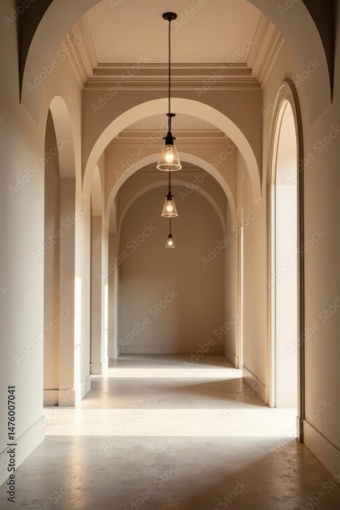 Fototapeta premium Serene architectural hallway with pendant lighting, showcasing elegant arches and neutral color palette, creating a tranquil atmosphere