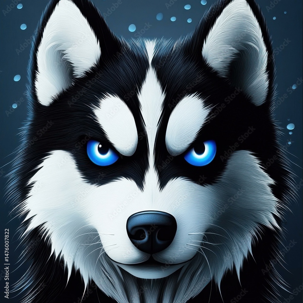 Obraz premium Intense Siberian Husky Portrait with Striking Blue Eyes and Detailed Fur Texture on Dark Background