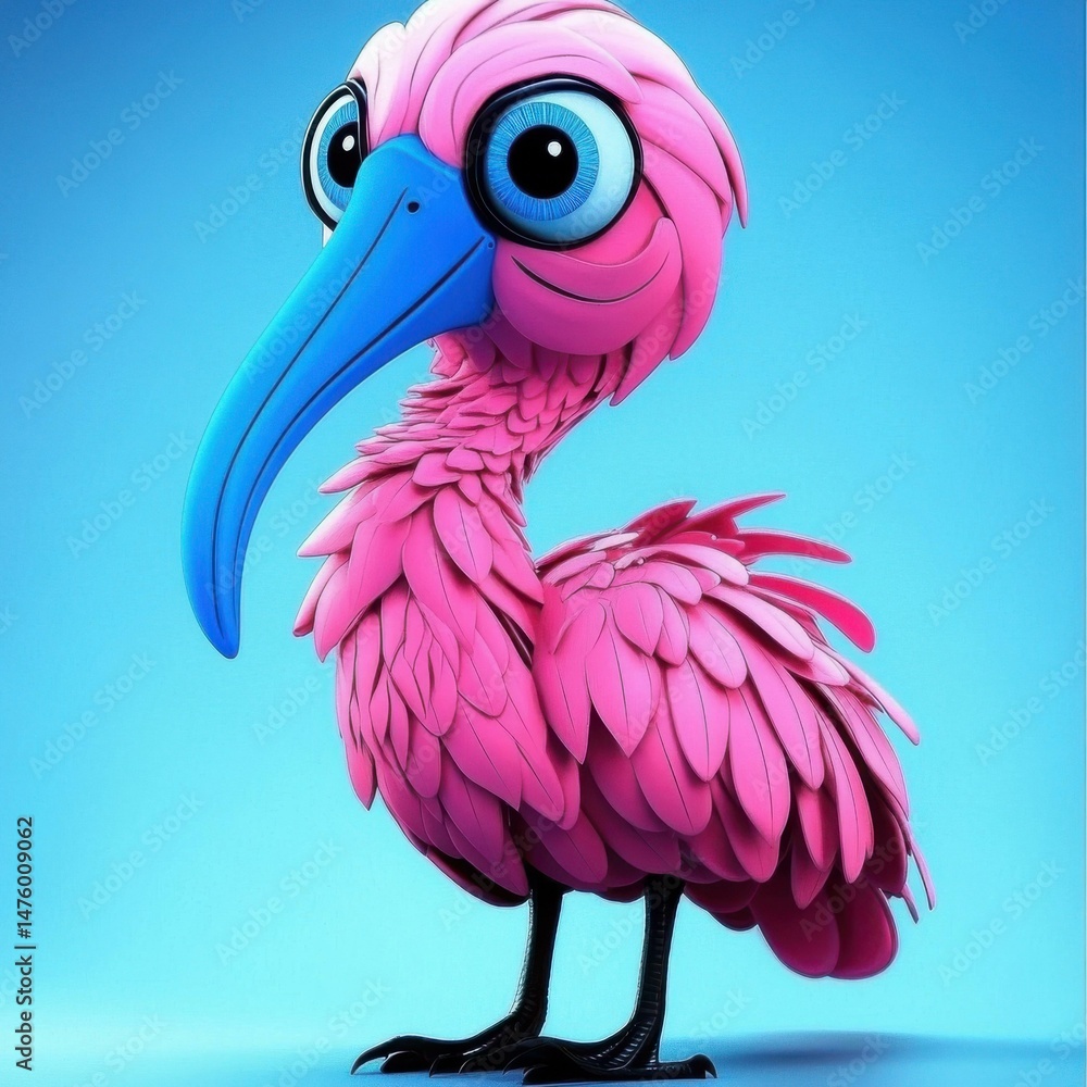 Fototapeta premium Charming Cartoon Roseate Spoonbill with Blue Beak and Feathers, Standing on Blue Background