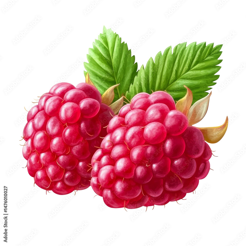 Fototapeta premium Two Raspberries with Leaves, Digital Painting, Isolated on Transparent Background, Raspberry, Fruit, Illustration