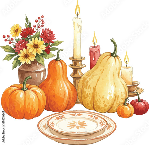 Autumn Table Centerpiece with Pumpkins, Gourds, Flowers, and Candles Watercolor