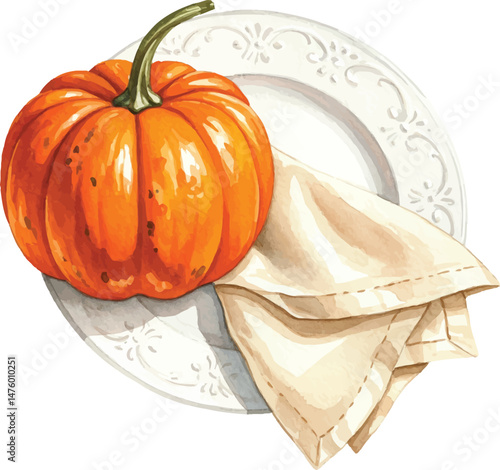 Autumn Harvest Watercolor: Pumpkin on Decorative Plate