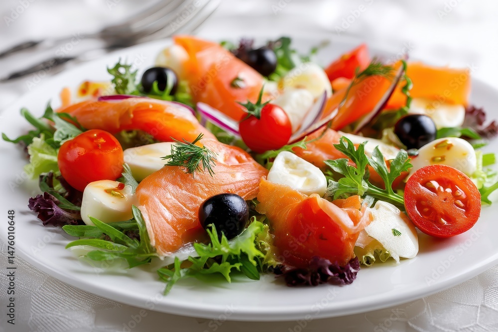 A white plate features a vibrant salad containing smoked salmon mozzarella cherry tomatoes olives and lettuce A white plate features a vibrant salad containing smoked salmon mozzarella cherry tomatoes olives and lettuce