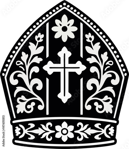 Silhouette Vector of Papal Mitre with Cross and Floral Ornaments – Black and White Religious Headwear Illustration
