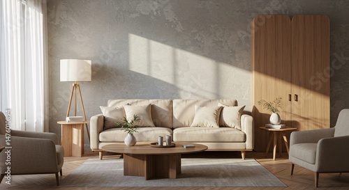 Modern Living Room Interior Design with Brown Leather Chair, Beige Sofa and Wooden Wall Panels